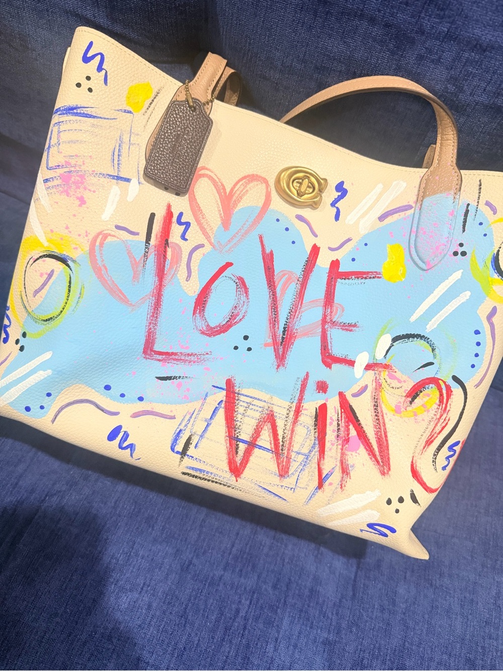 Painted Beige Coach Bag with Hand Painted Graffiti - Picture 3 of 9